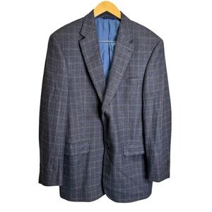 Tommy Hilfiger Vintage Grey Plaid Windowpane Wool Blazer Size 42T